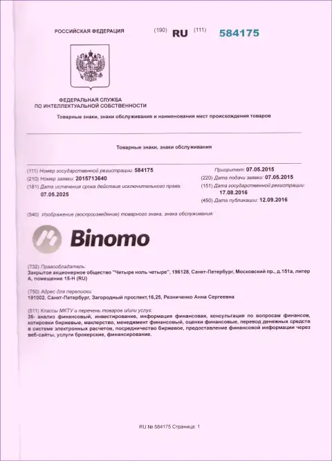 Описание товарного знака Биномо в России и его обладатель