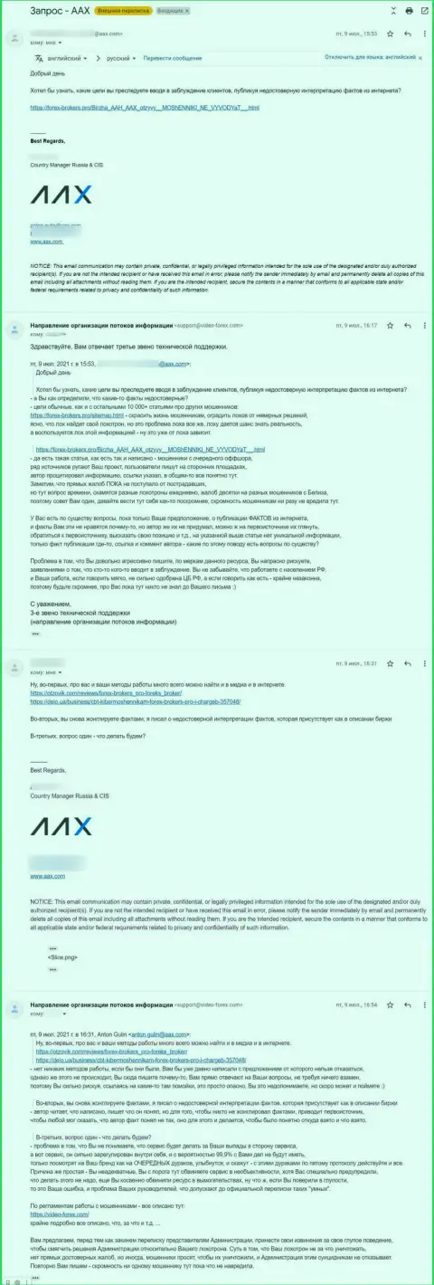 Переписка некого представителя мошенников AAX Com и 3 звена технической поддержки web-портала Форекс-Брокерс.Про