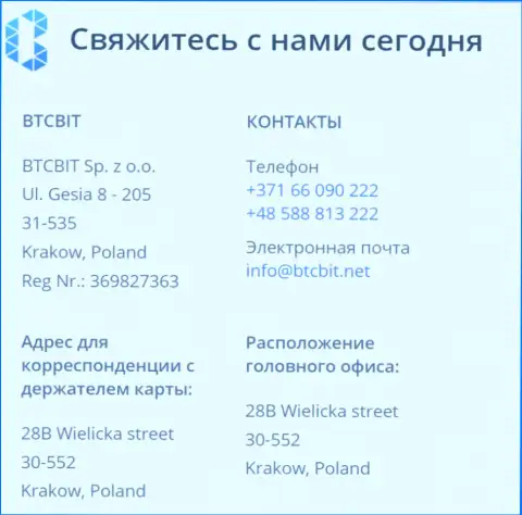 Контактные данные обменного пункта БТЦБИТ Сп. З.о.о.