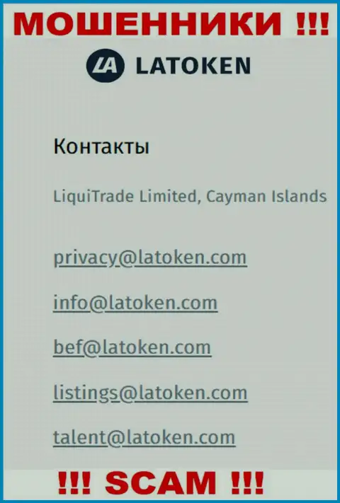 Электронная почта аферистов Латокен Ком, размещенная у них на веб-сайте, не рекомендуем связываться, все равно облапошат