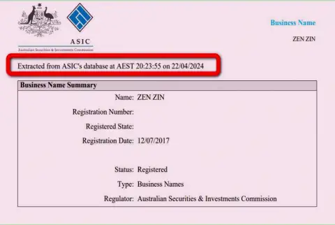 Документ, подтверждающий присутствие регистрации у компании Zinnera Exchange
