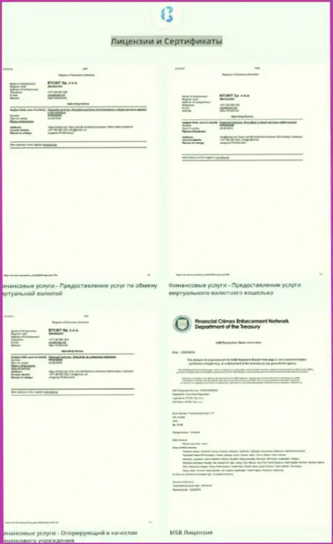Лицензионные документы, а также сертификаты обменного online пункта BTCBit