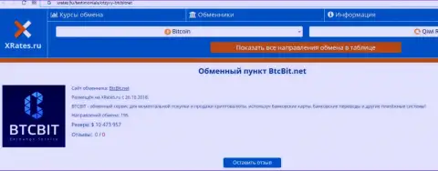 Сжатая информация об обменном онлайн пункте BTCBit представлена на интернет-портале ИксРейтс Ру
