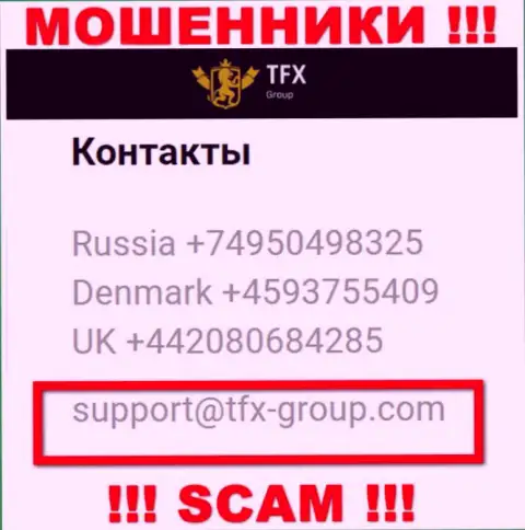 В разделе контактные данные, на официальном интернет-портале мошенников TFX Group, найден был представленный электронный адрес