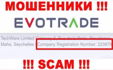 Не советуем совместно сотрудничать с конторой EvoTrade, даже при наличии регистрационного номера: 223879