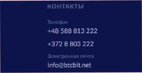 Номера телефонов и электронный адрес криптовалютного обменника БТК Бит